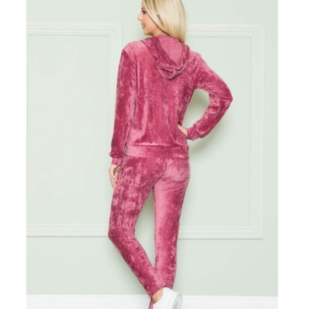 Zip Hoodie Velour Track Suit Set- Burgundy/Pink - Picture 4 of 8